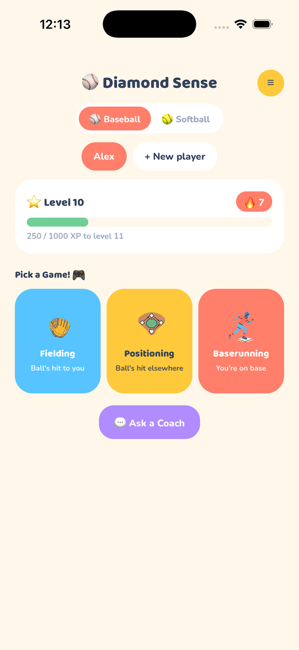Diamond Sense home screen, showing player level, streak, and game mode picker